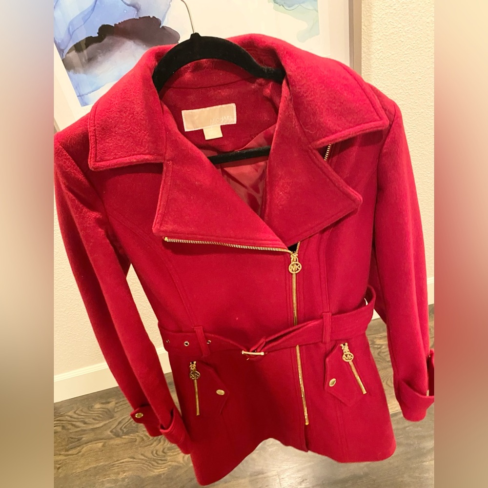 Michael Kors Red Women's Asymmetric Belted Coat with gold tone accents size S
